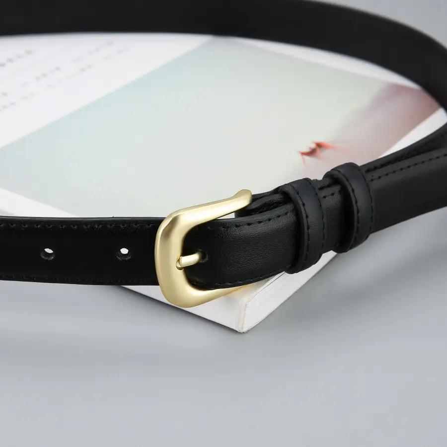 Women's Black Leather Belt with Gold Buckle - Image 11