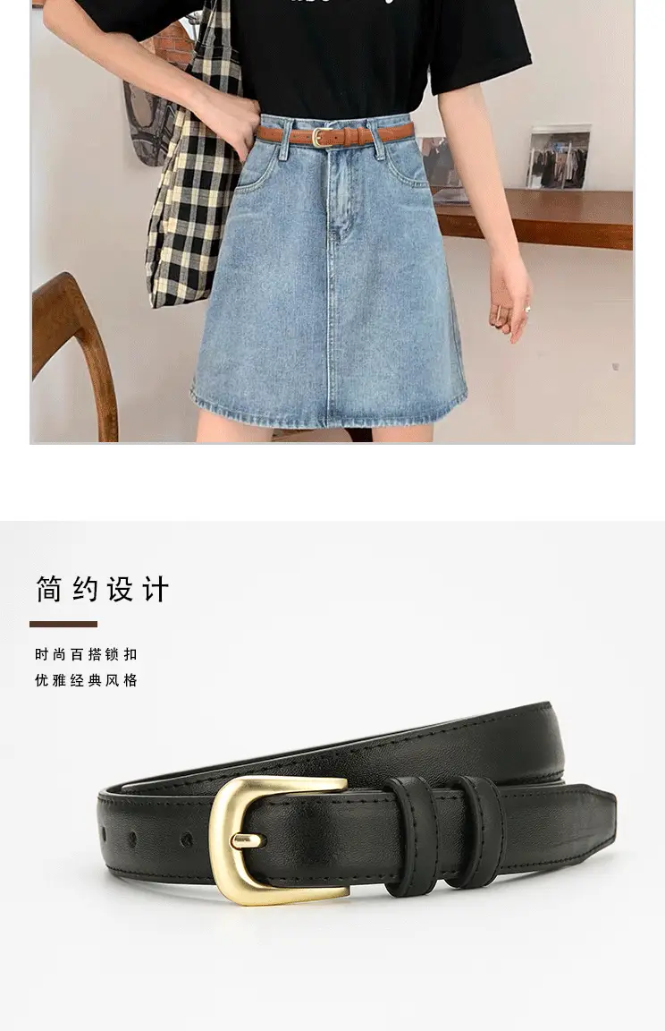 Women's Black Leather Belt with Gold Buckle β feature 3
