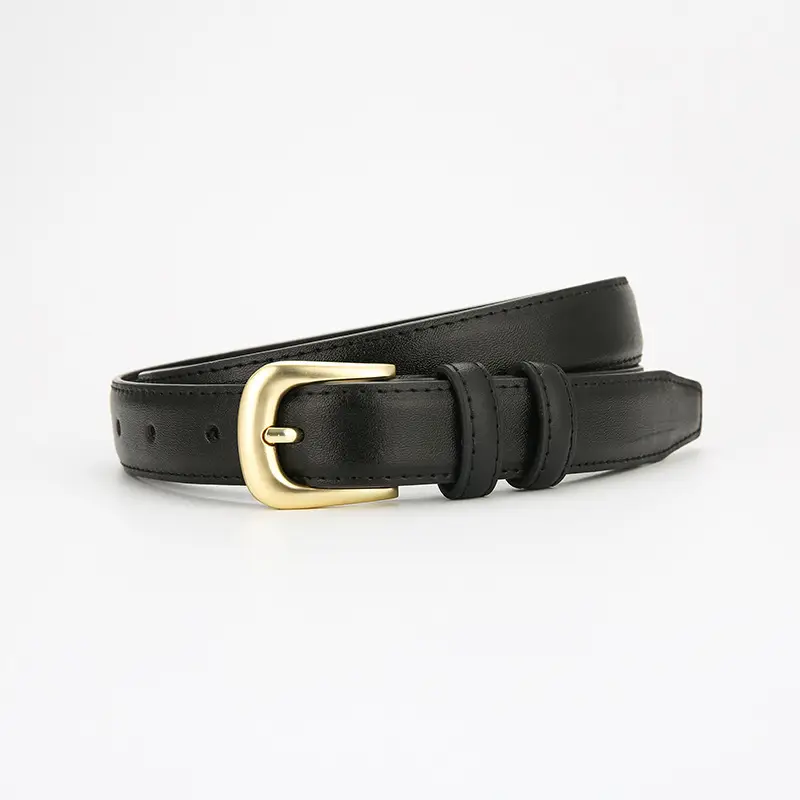 Women's Black Leather Belt with Gold Buckle