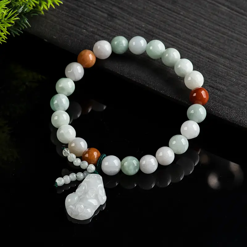 Natural Jade Bracelet with Three Color Beads & Pendant - Image 3