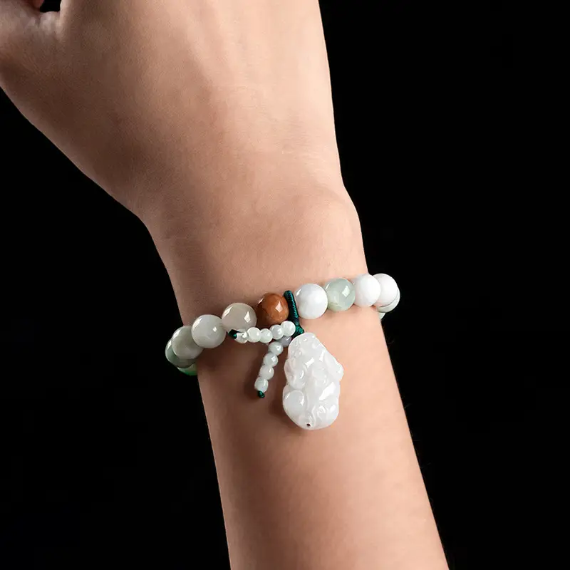 Natural Jade Bracelet with Three Color Beads & Pendant - Image 4
