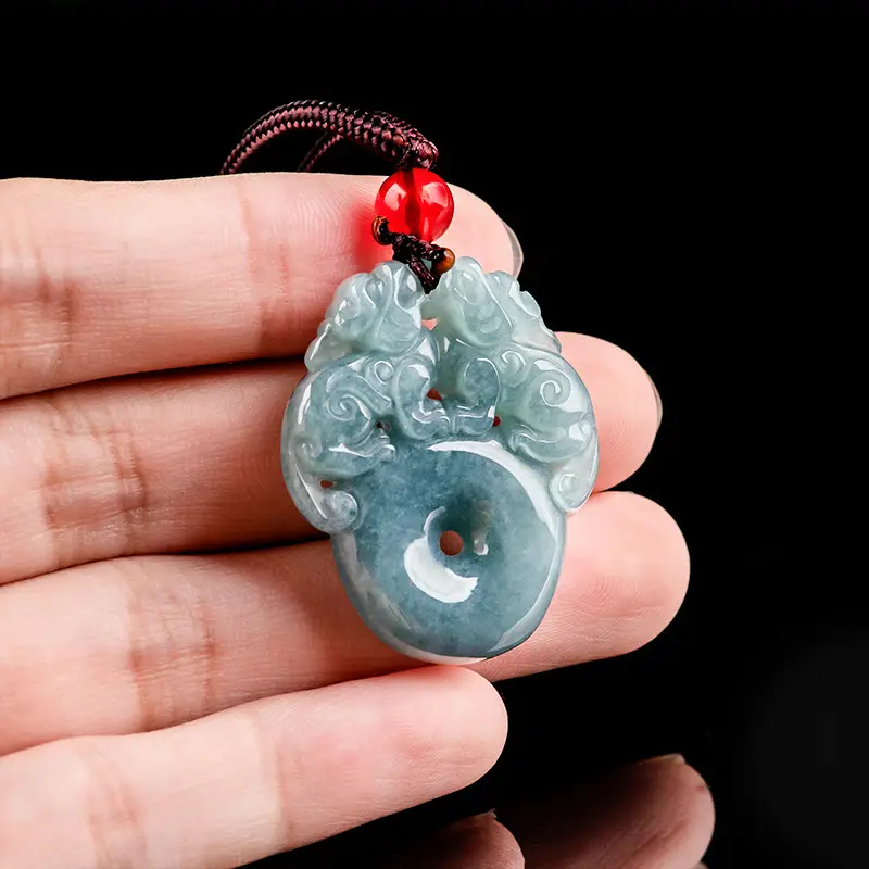 Natural Jade Blue Water Double Brave Pendant for Men Women - Image 3