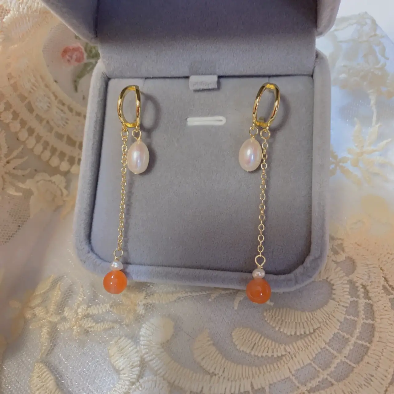 Gold Pearl Earrings Red Agate Long Pendant Set - Image 2