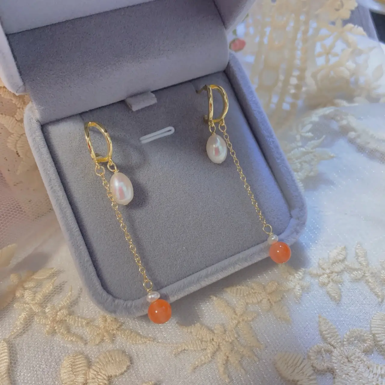 Gold Pearl Earrings Red Agate Long Pendant Set - Image 3
