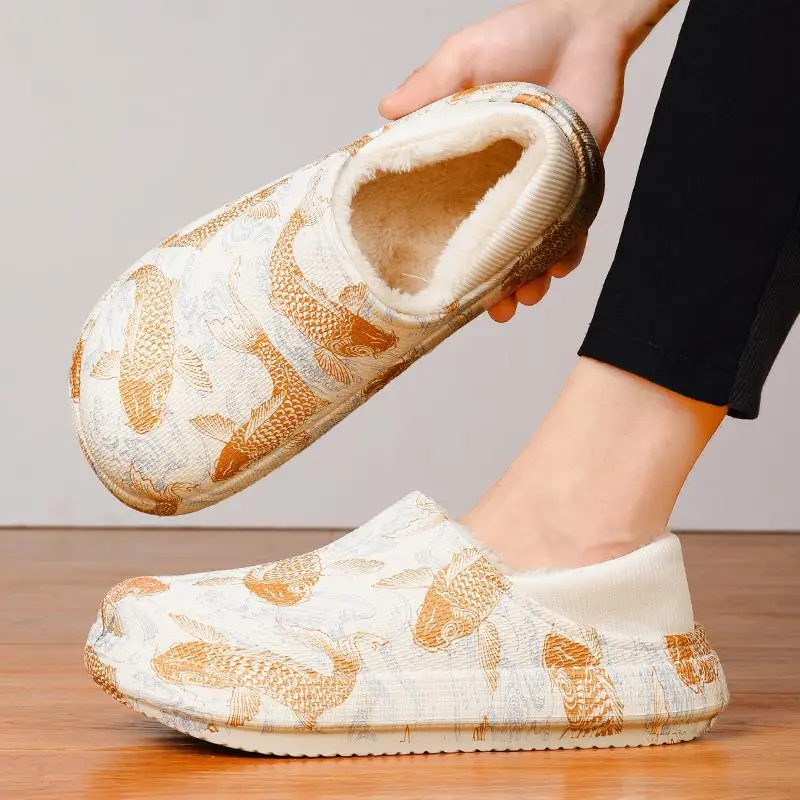 Slip-on cotton slippers men's winter indoor home thick-soled slip-on warm cotton-padded shoes fashionable plush slippers for outer wear - Image 2