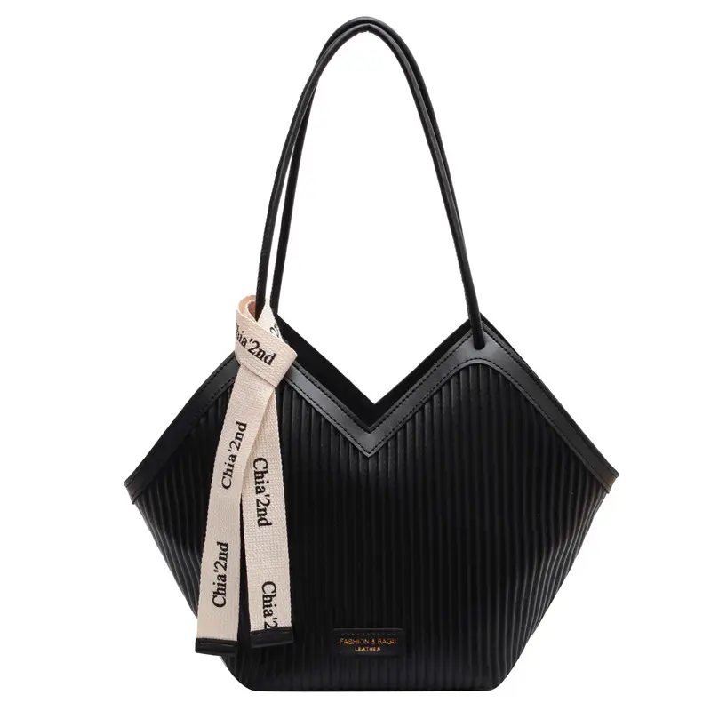 Korean Style Black Ribbed Shoulder Bag for Women - Image 3