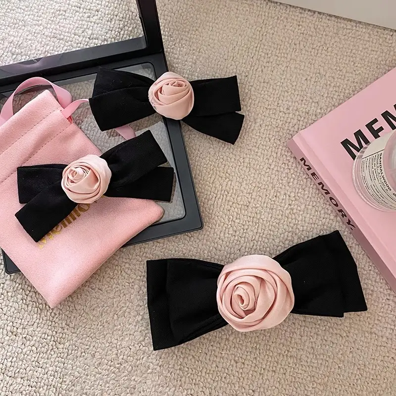 Pink Rose Bow Hairpin for Girls French Elegant Clip Back - Image 3