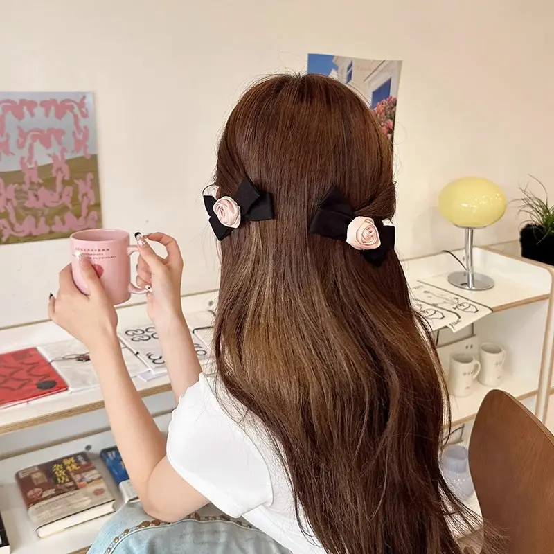 Pink Rose Bow Hairpin for Girls French Elegant Clip Back - Image 4