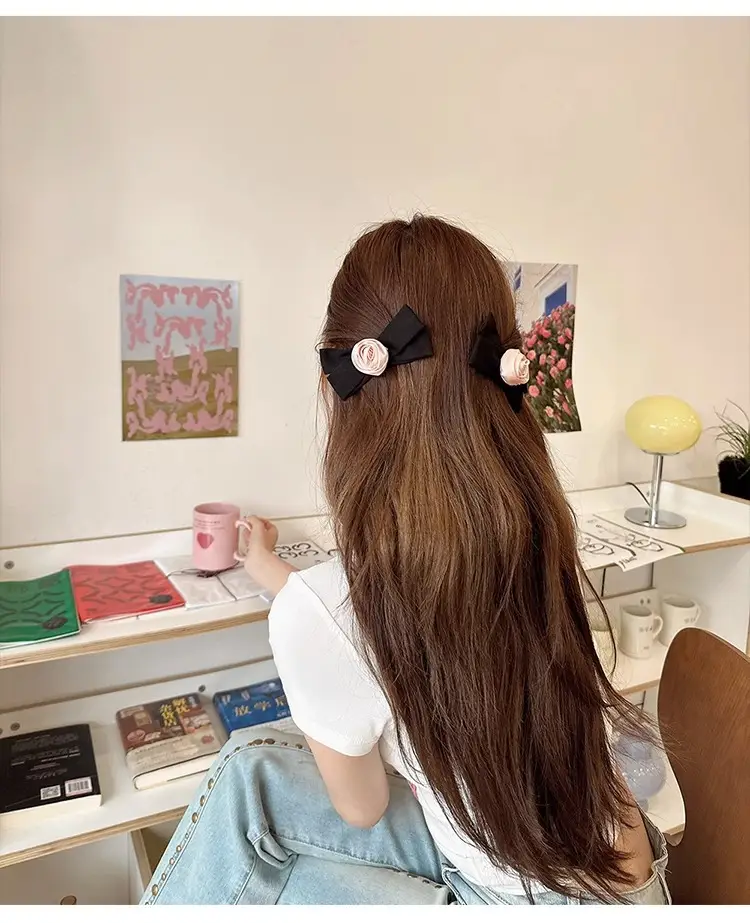Pink Rose Bow Hairpin for Girls French Elegant Clip Back — feature 10