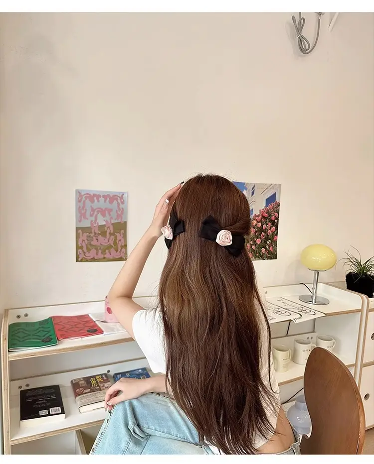 Pink Rose Bow Hairpin for Girls French Elegant Clip Back — feature 15