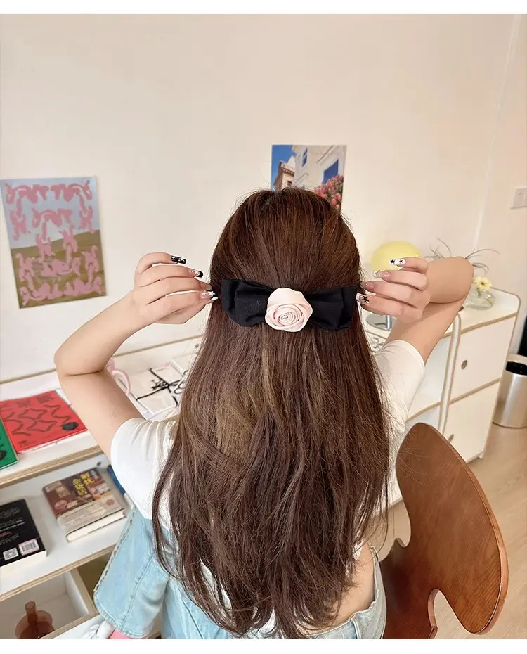 Pink Rose Bow Hairpin for Girls French Elegant Clip Back — feature 16