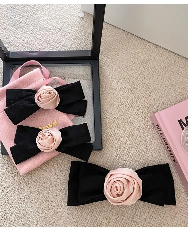 Pink Rose Bow Hairpin for Girls French Elegant Clip Back — feature 21