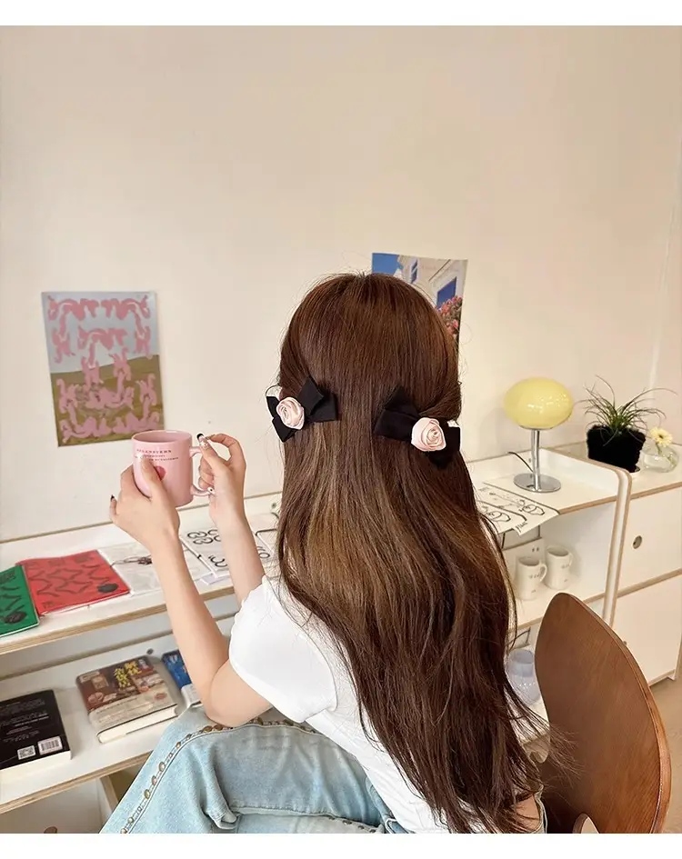 Pink Rose Bow Hairpin for Girls French Elegant Clip Back — feature 4