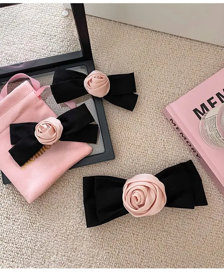 Pink Rose Bow Hairpin for Girls French Elegant Clip Back — feature 5