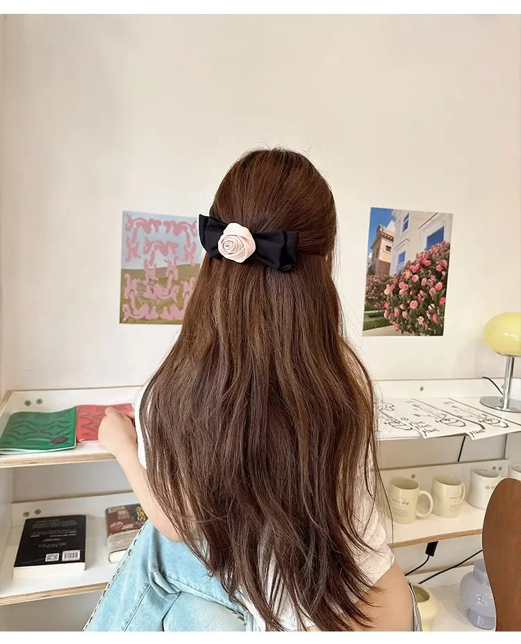 Pink Rose Bow Hairpin for Girls French Elegant Clip Back — feature 7