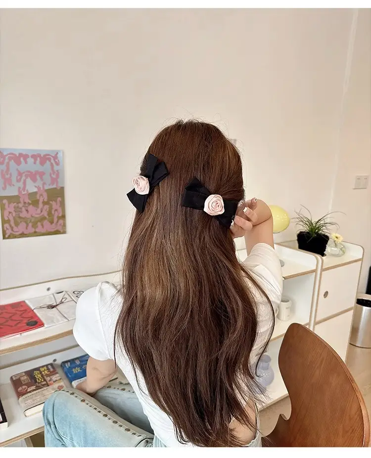 Pink Rose Bow Hairpin for Girls French Elegant Clip Back — feature 9