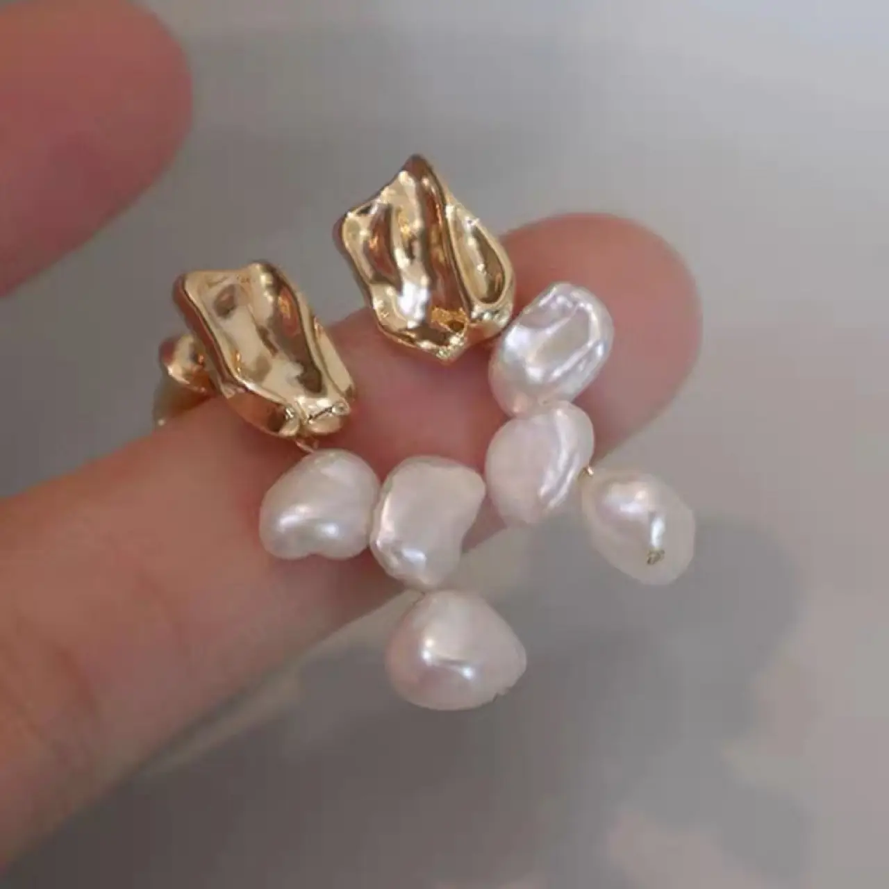 Natural Keshi Pearl Baroque Stud Earrings Gold Plated