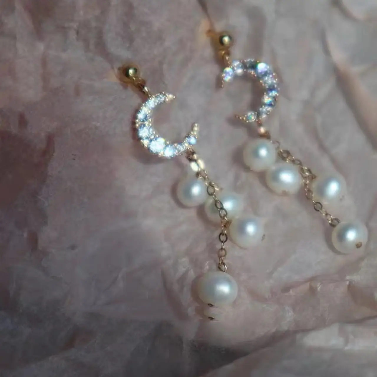 Super Flash Moon Zircon Earrings Natural Pearl Long Dangle - Image 2