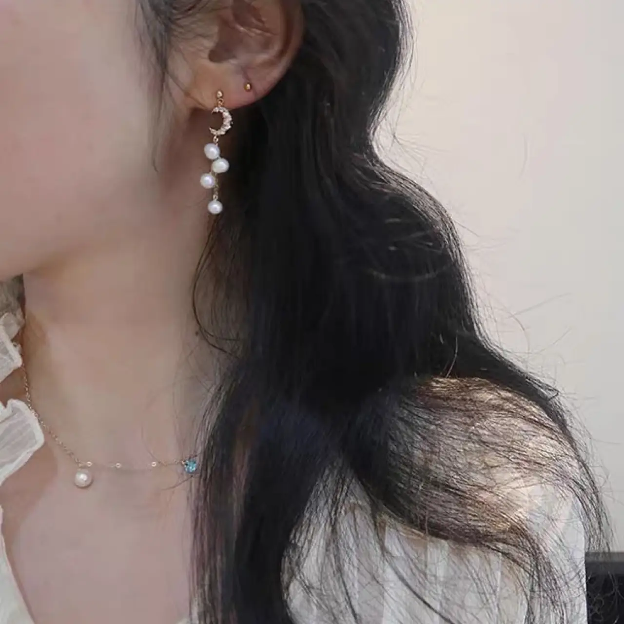 Super Flash Moon Zircon Earrings Natural Pearl Long Dangle - Image 3