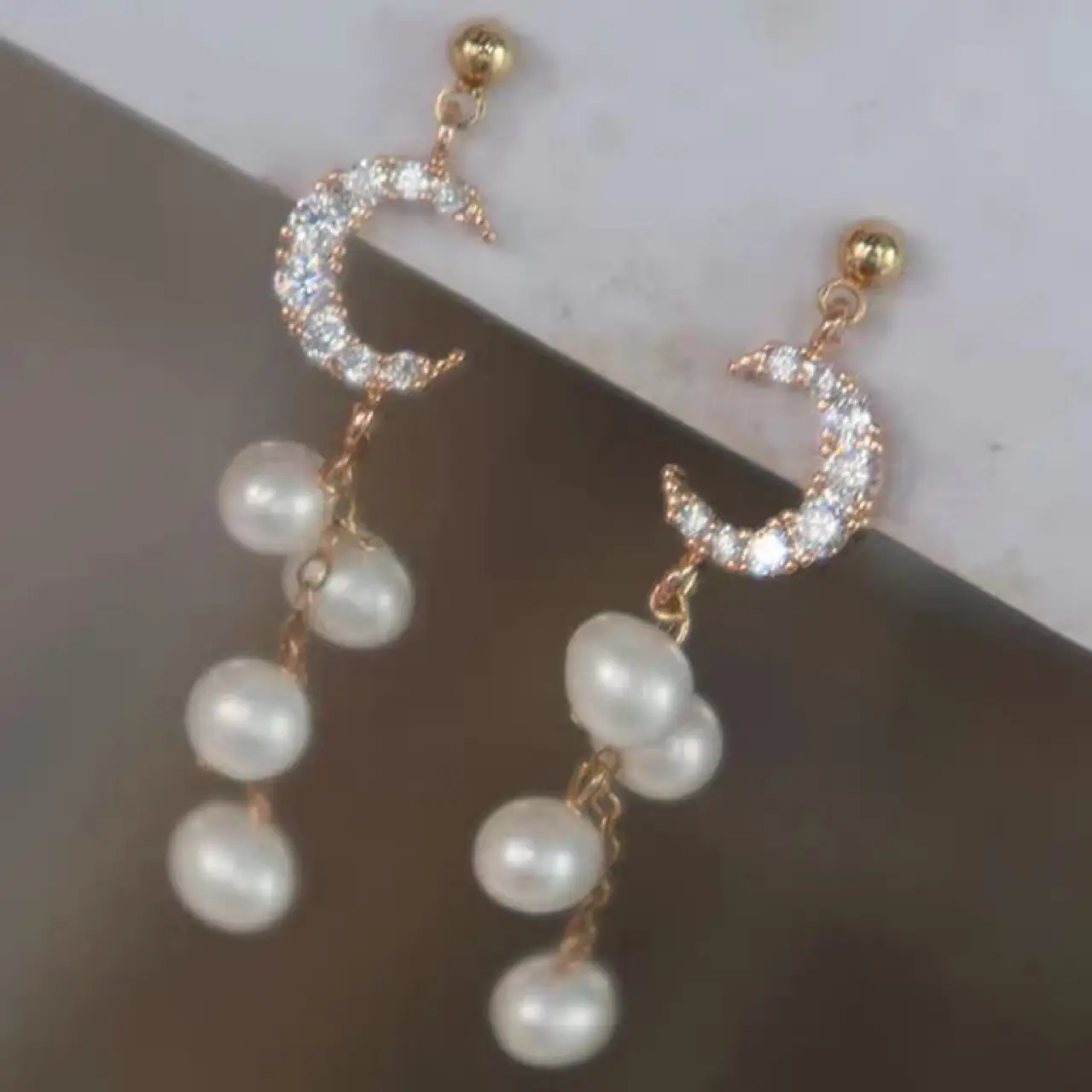 Super Flash Moon Zircon Earrings Natural Pearl Long Dangle - Image 4