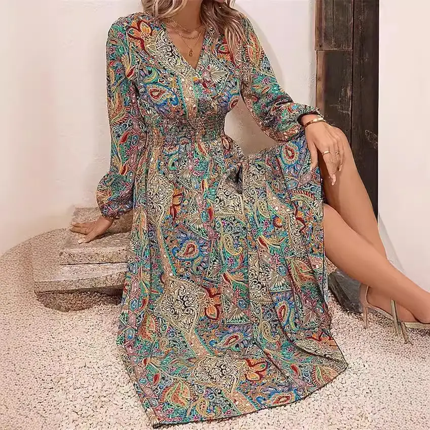 2023 Printed Long Sleeve V-Neck Dress for Women - Image 5