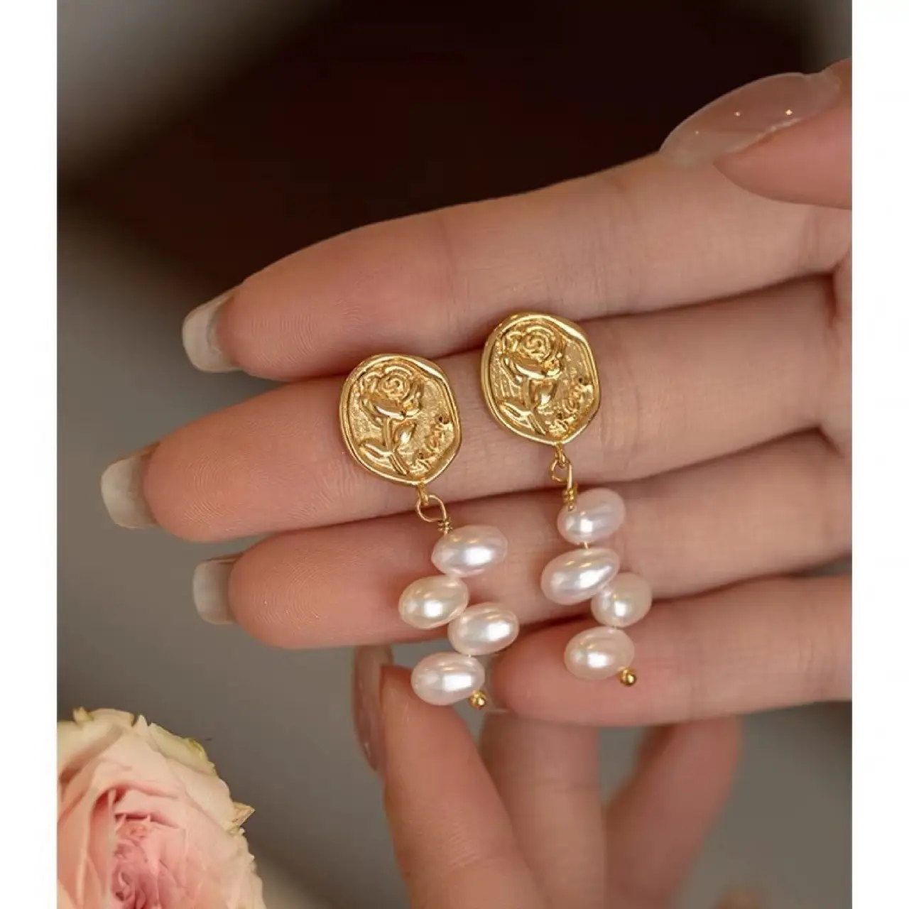 Rose Vintage Pearl Earrings for Women - Image 3