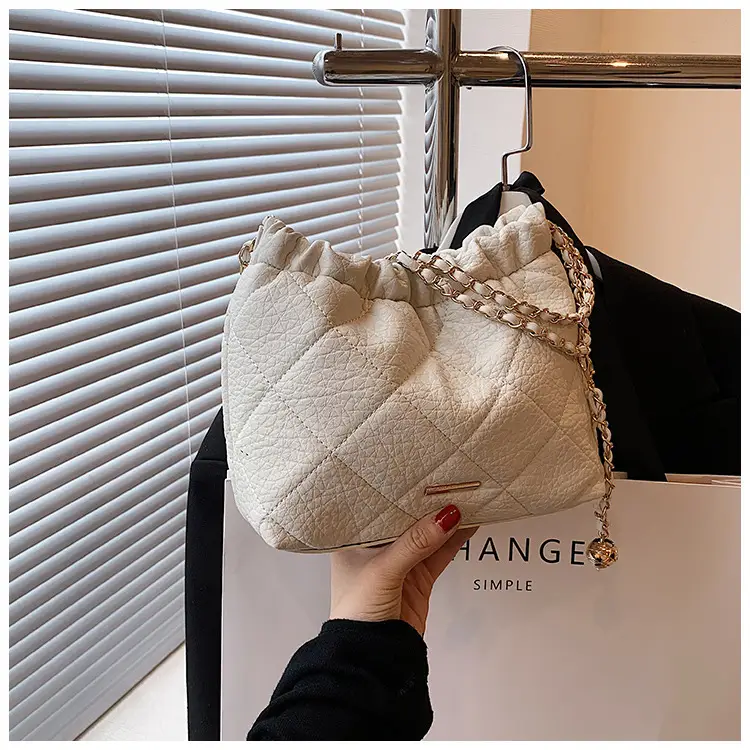 White Pleated Leather Shoulder Bag with Chain Strap — feature 22