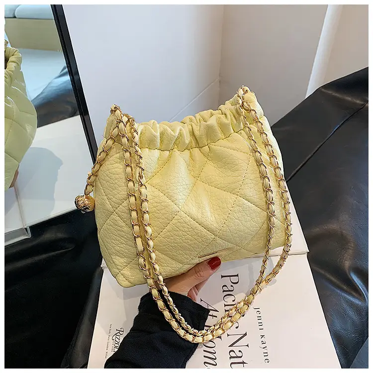 White Pleated Leather Shoulder Bag with Chain Strap — feature 26