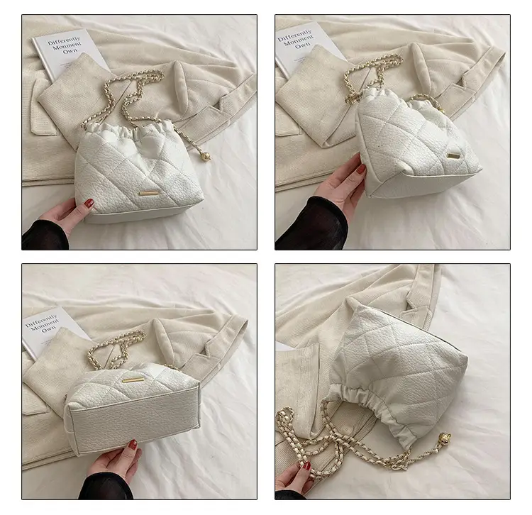 White Pleated Leather Shoulder Bag with Chain Strap — feature 4