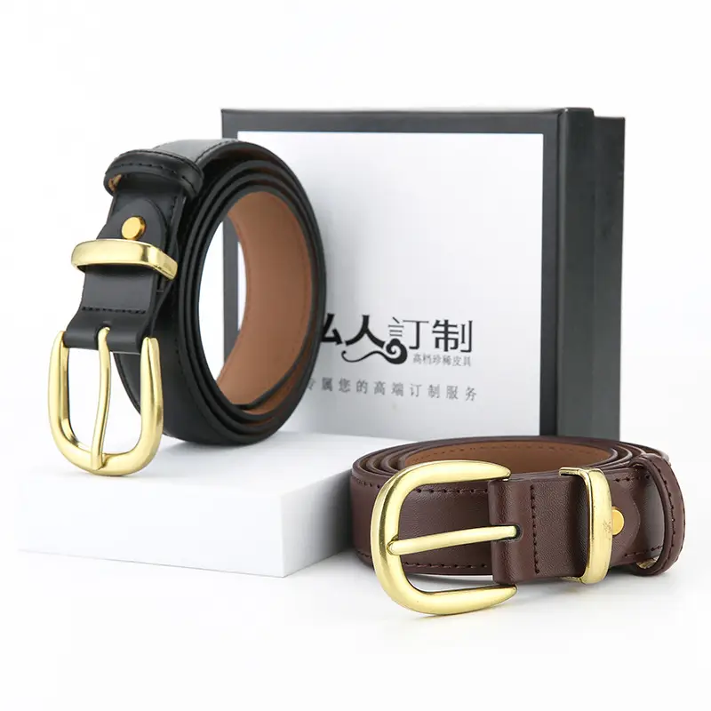 Women's Leather Belt Black Brown Gold Buckle Korean Style - Image 7