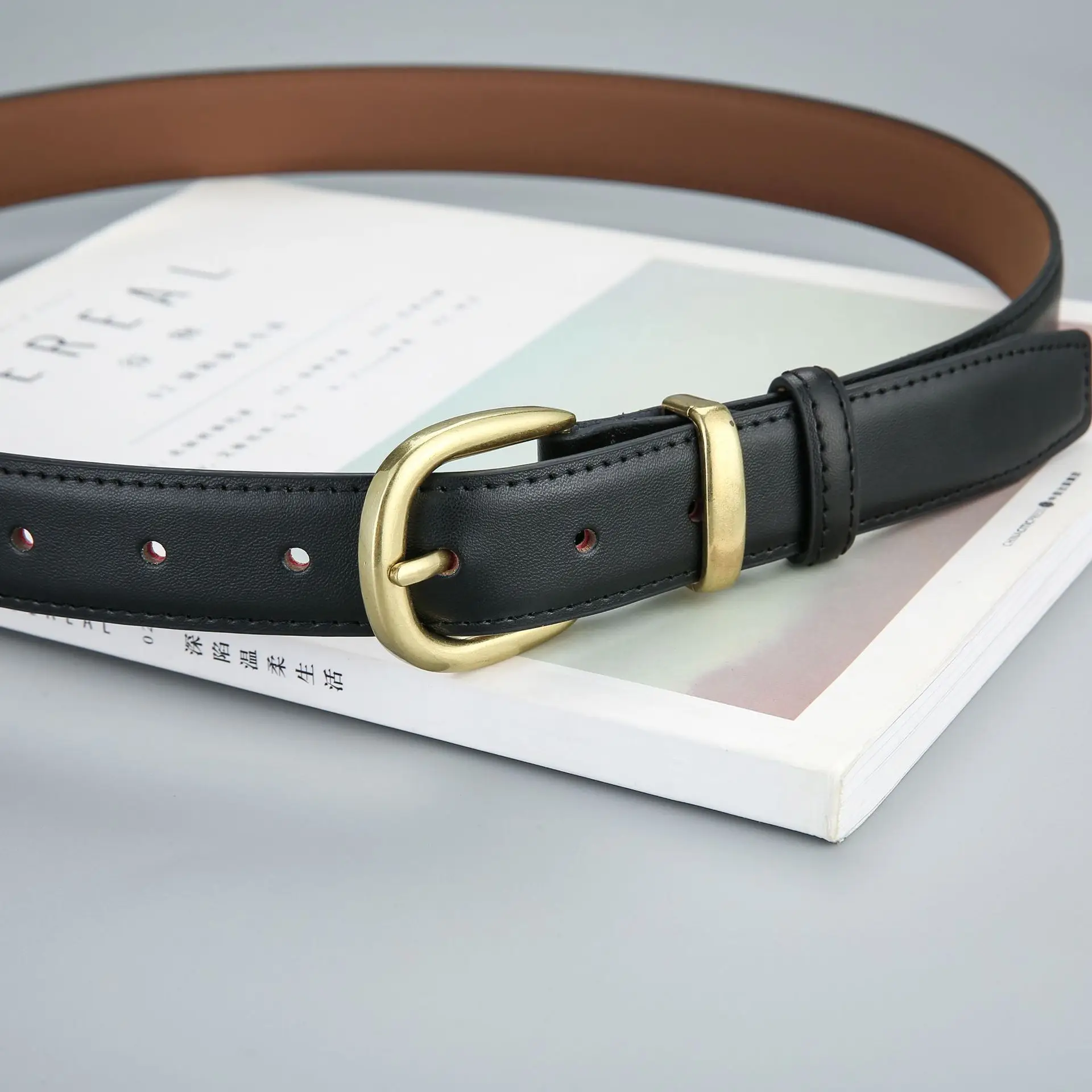 Women's Leather Belt Black Brown Gold Buckle Korean Style - Image 8