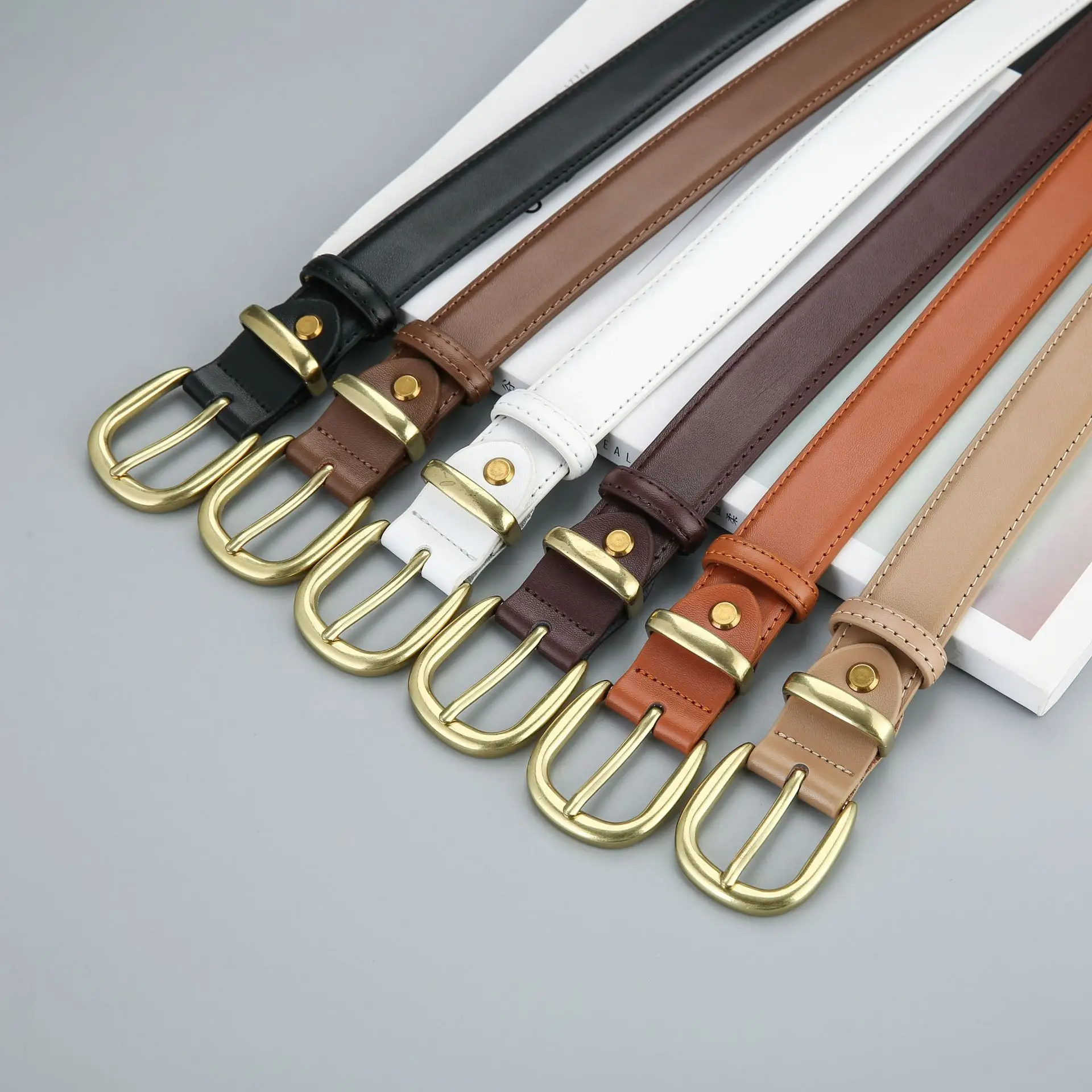 Women's Leather Belt Black Brown Gold Buckle Korean Style - Image 10