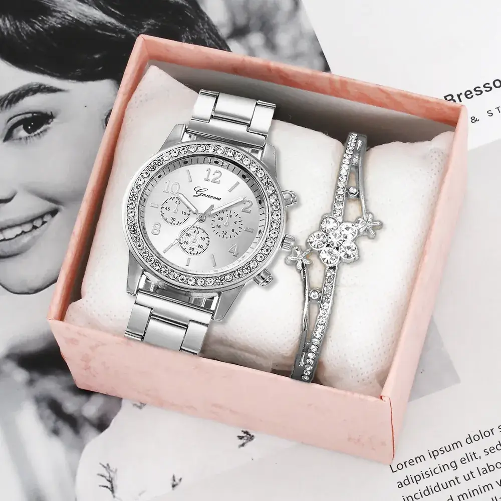 Women's Silver Crystal Dial Chronograph Wristwatch Set - Image 2