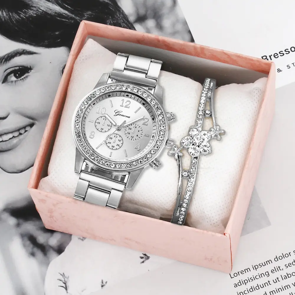 Women's Silver Crystal Dial Chronograph Wristwatch Set — feature 7