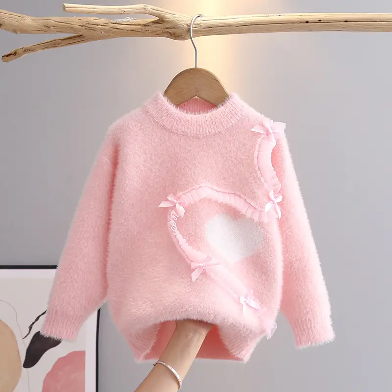 Girls Pink Heart Knitted Sweater for Girls 3-6 - Image 2