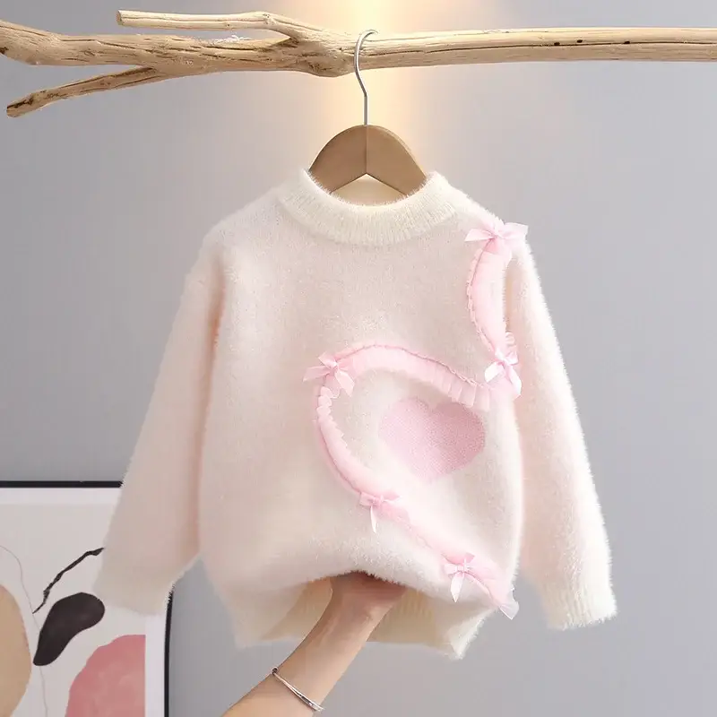 Girls Pink Heart Knitted Sweater for Girls 3-6 — feature 1