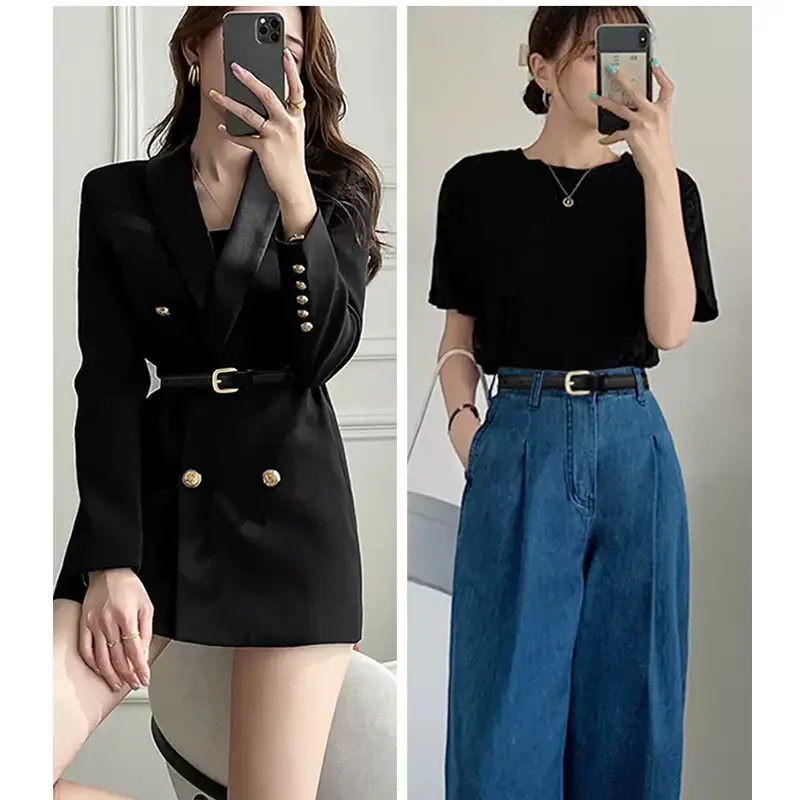 Black Belted Bow Neck Top with Wide Leg Pants - Image 5