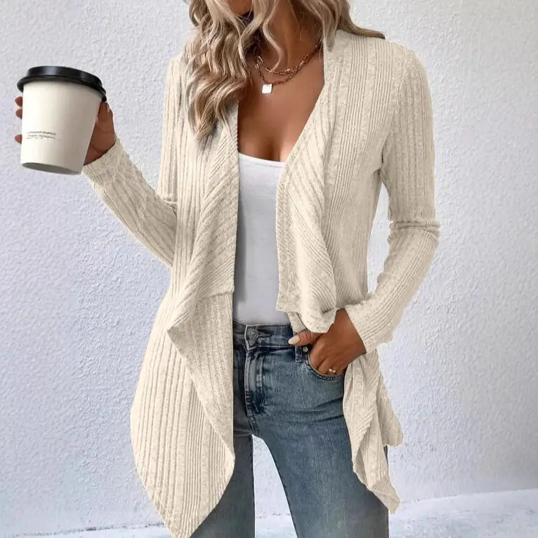 Women's Beige Knitted Long-Sleeve Cardigan Top - Image 9