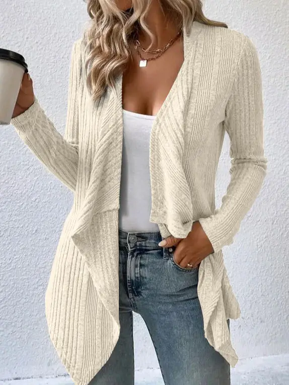 Women's Beige Knitted Long-Sleeve Cardigan Top - Image 2
