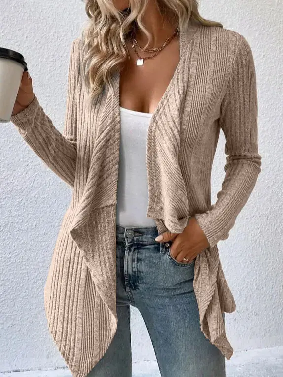 Women's Beige Knitted Long-Sleeve Cardigan Top - Image 4