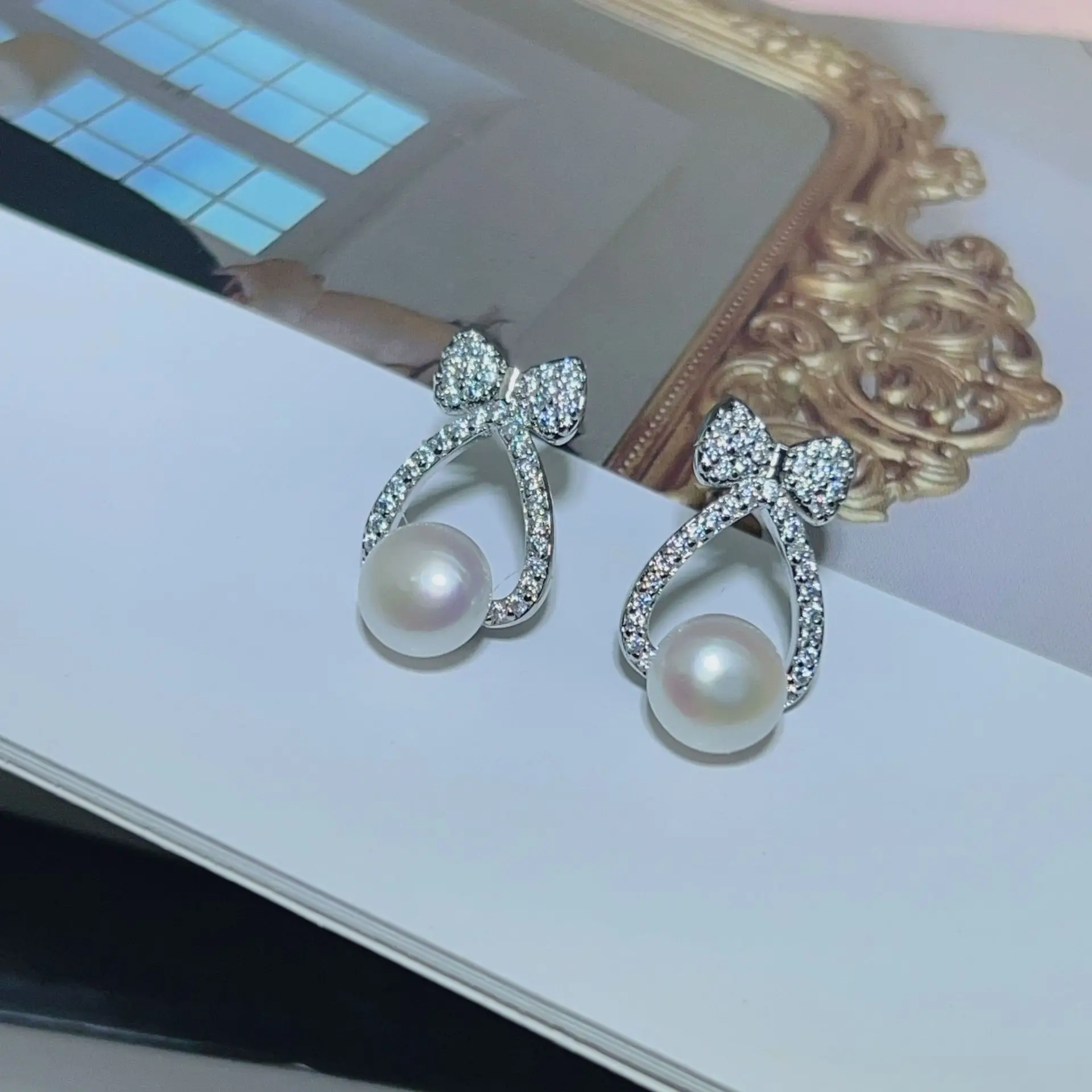 925 Pin Silver Pearl Zircon Earrings for Women