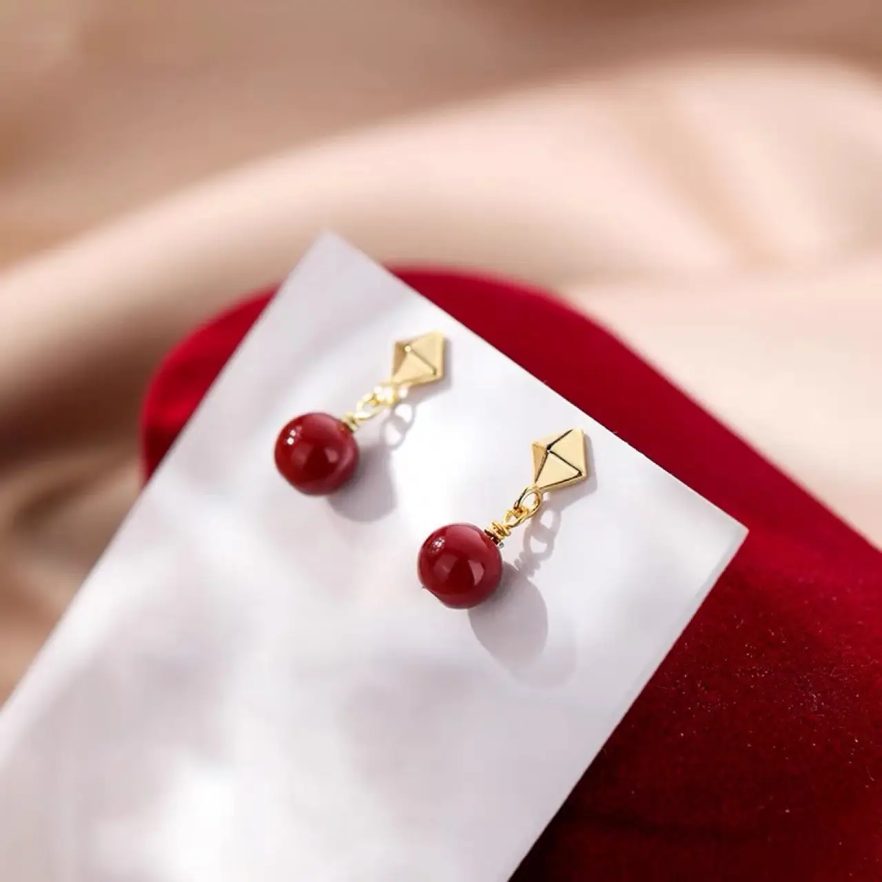 Red Bean Earrings for Women 925 Silver - Image 2