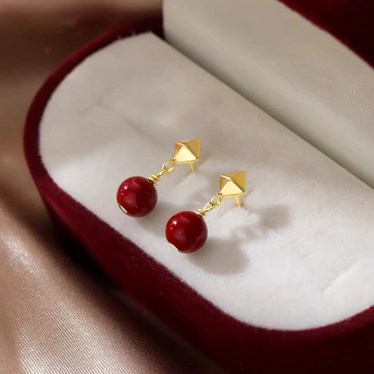 Red Bean Earrings for Women 925 Silver - Image 3