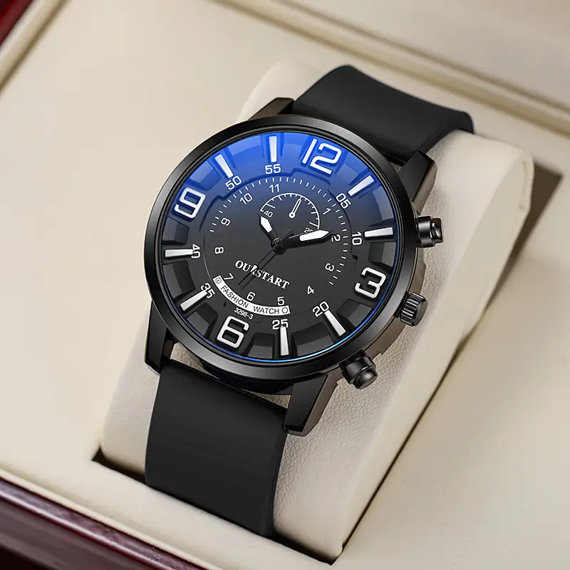 Cross-border casual blue Everbright dial quartz silicone men's watch TikTok live broadcast large digital double scale men's watch
