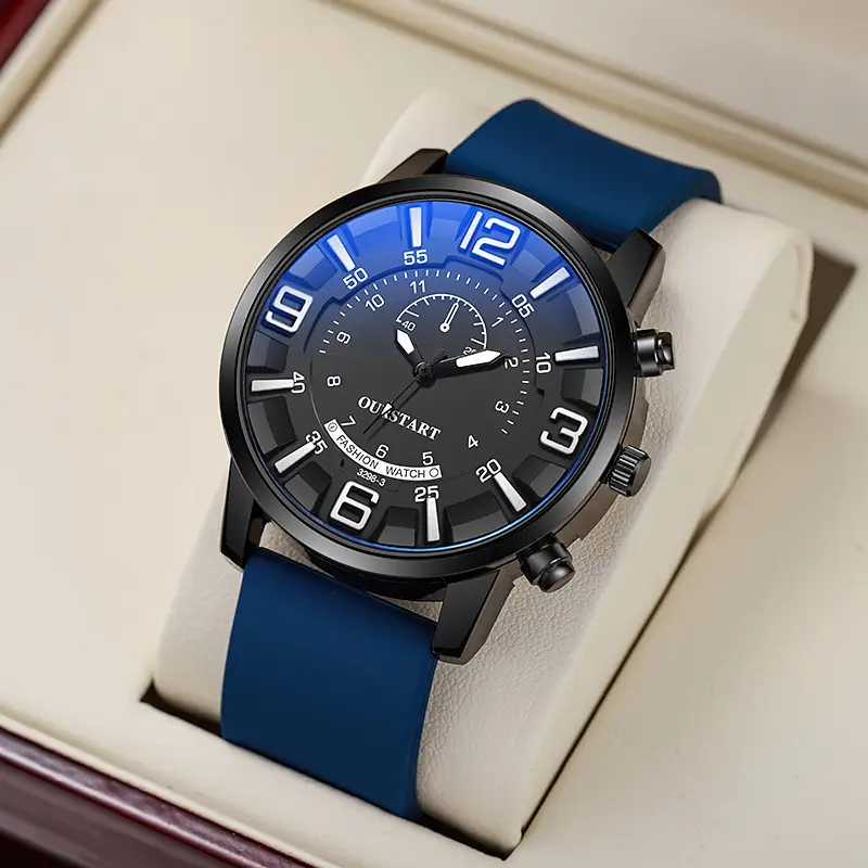 Cross-border casual blue Everbright dial quartz silicone men's watch TikTok live broadcast large digital double scale men's watch