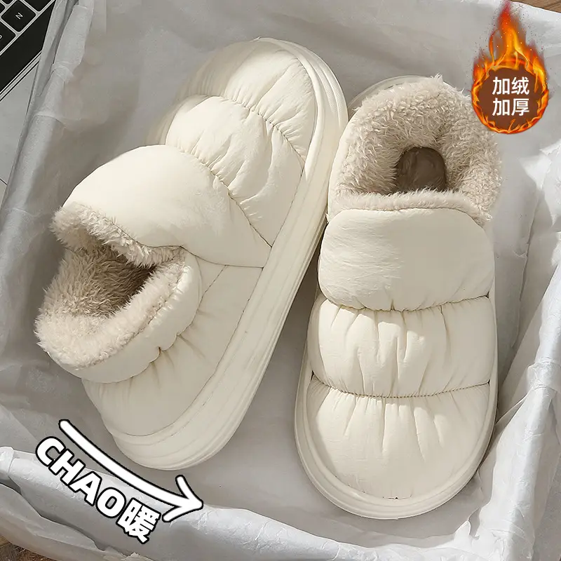 Down Fabric Waterproof Cotton Shoes for Women, Winter Outdoor Plush Warm Indoor Non-Slip Closed-Back Cotton Slippers for Men, Wholesale