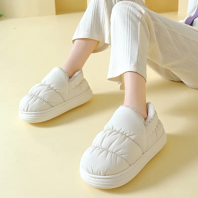 Down Fabric Waterproof Cotton Shoes for Women, Winter Outdoor Plush Warm Indoor Non-Slip Closed-Back Cotton Slippers for Men, Wholesale