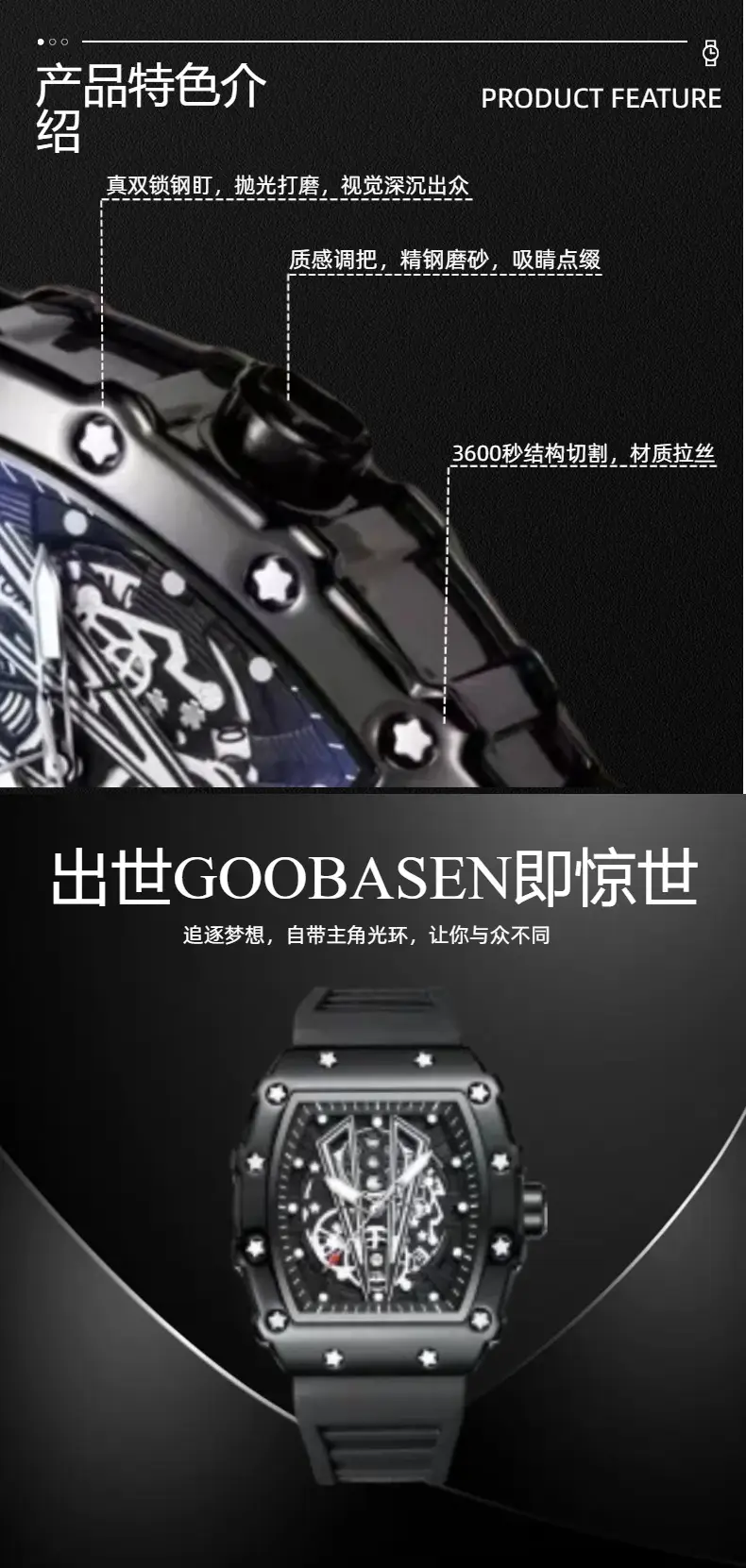 Guberson Men's Baroque Skeleton Watch Black Quartz — feature 4