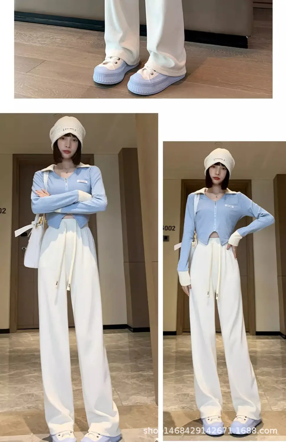 Women Velvet Wide Leg Pants Cream New Winter — feature 9