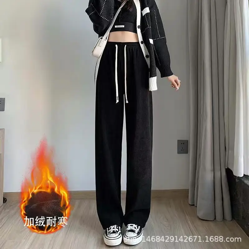 Women Velvet Wide Leg Pants Cream New Winter - Image 3